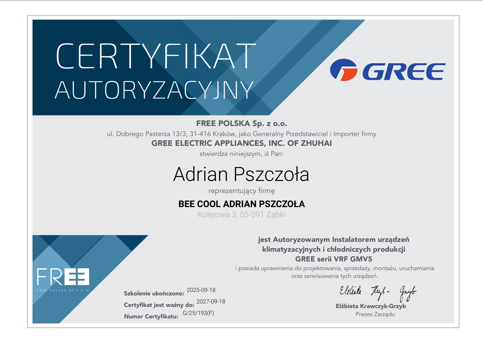 Certyfikat UDT F-Gaz GMV