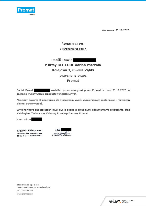 Certyfikat Promat - Dawid