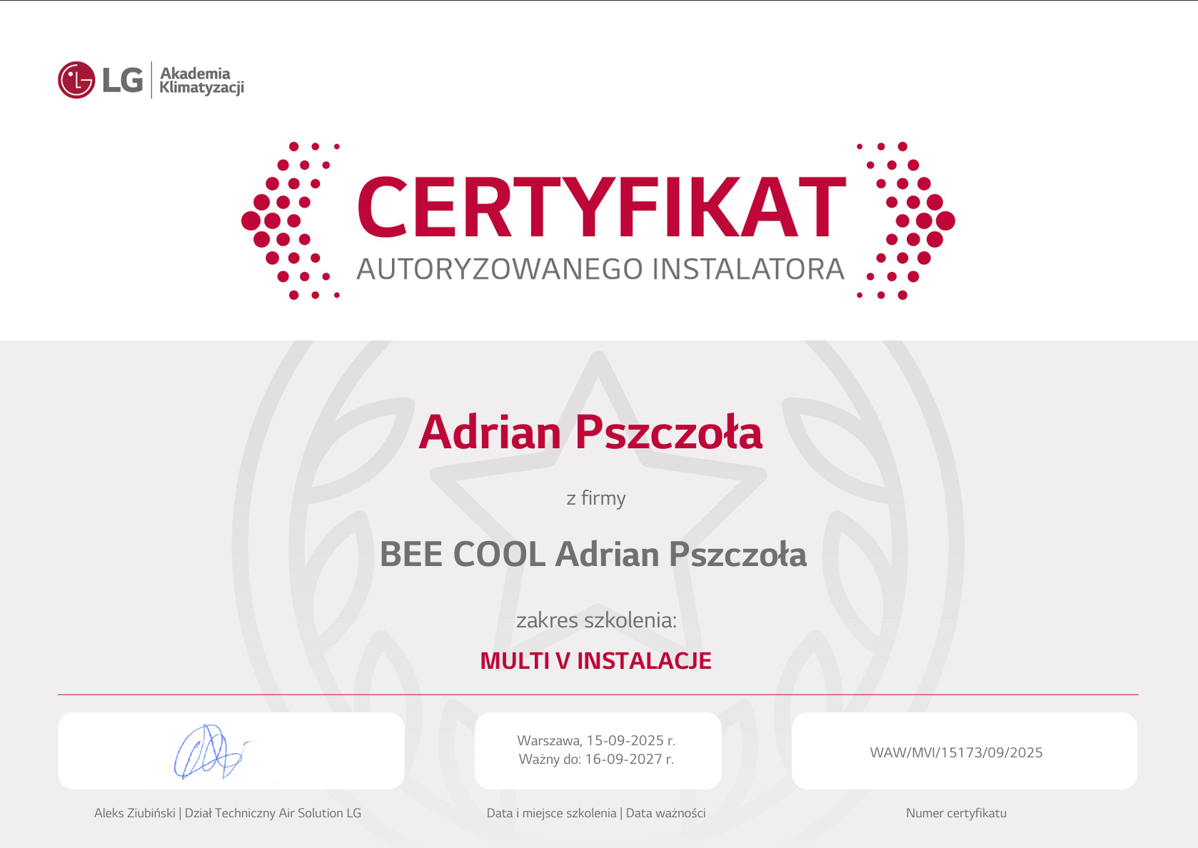 Certyfikat Autoryzowanego Instalatora Multi V